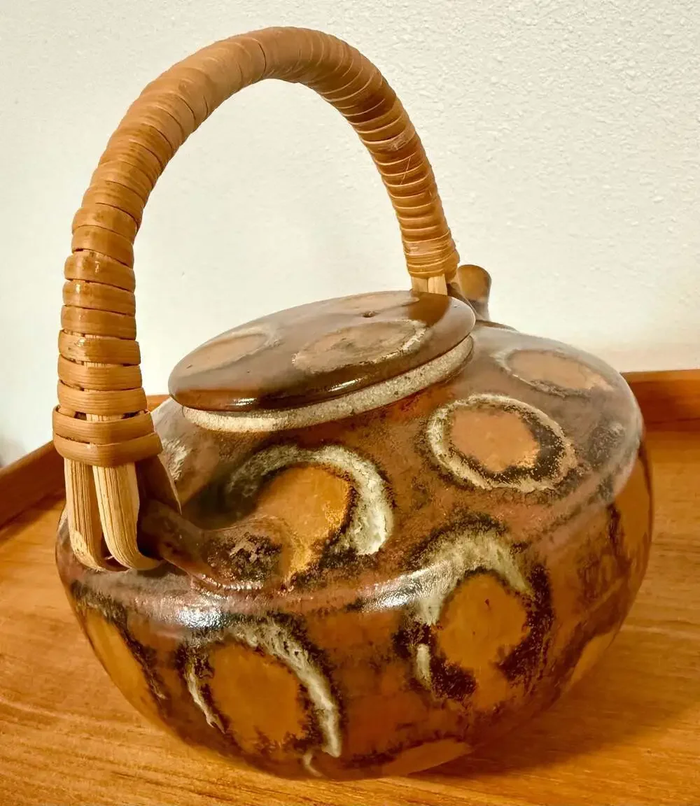 Vintage Hand-Painted Studio Pottery Teapot with Woven Rattan Handle